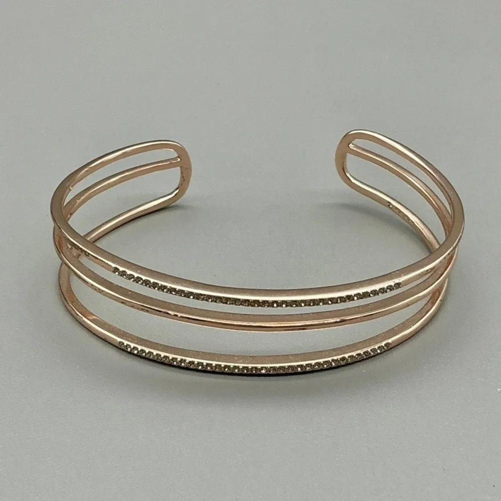Stella & Dot Bracelet Womens Rose Gold Tone Rhinestone Triple Band Cuff 6.25